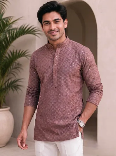 Stylish Chikan Work Fabric in  Full Sleeves Short kurta